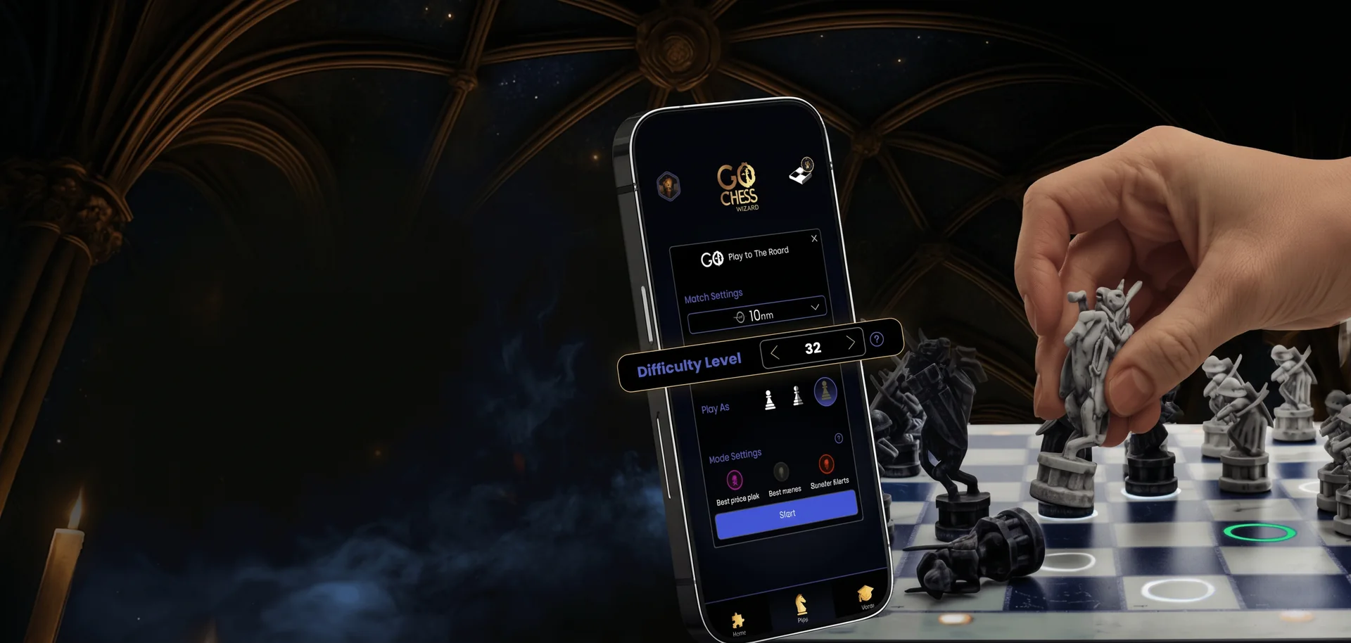 The GoChess app set to difficulty level 32 beside the lit Harry Potter board