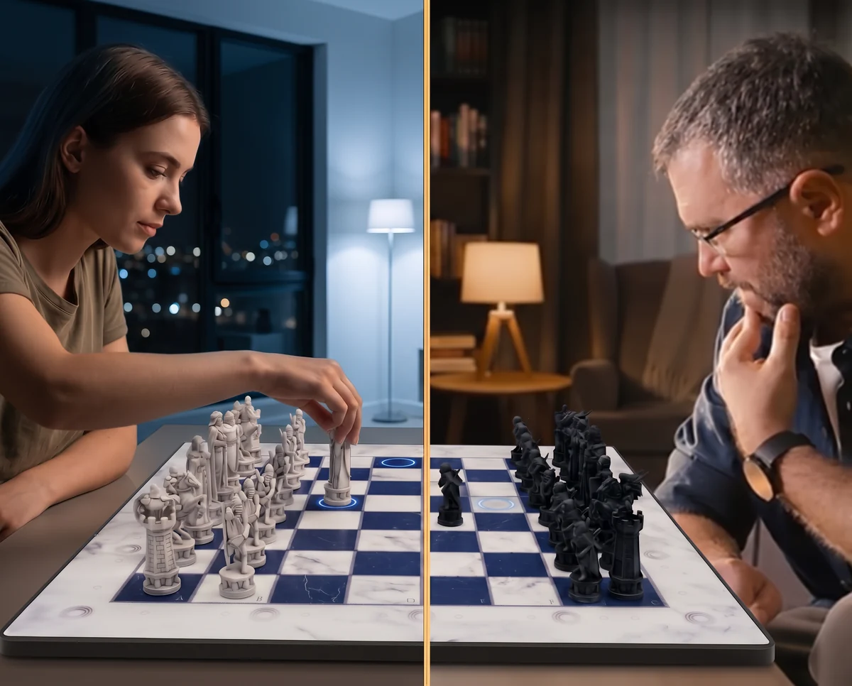 Two players in two different homes playing the same game on their own boards