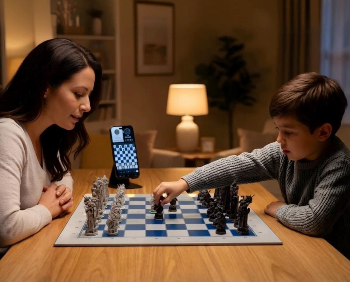 A mother and son playing together at the board
